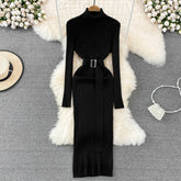 Ins Hot Turtleneck Sexy Wrap Hips Knitted Dresses Women Autumn Winter Long Sleeve Bodycon Sweater Dress with Belt voguable