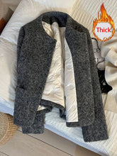 Vintage Faux Woolen Coat Women Warm Winter Thick Long Sleeve Gray Cotton Jacket Female Retro O Neck Pockets Casual Tops New voguable