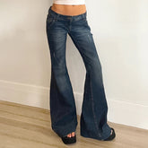 Blue Low Rise Flare Jeans Vintage 2000s Slim-fitting Denim Pants Korean Style Women Trousers y2k Distressed Mom Jeans 90s voguable