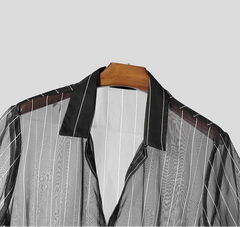Men Striped Shirt Mesh Lapel Short Sleeve Men Clothing Sexy Lace Up Transparent Streetwear Summer Fashion Male Shirts voguable