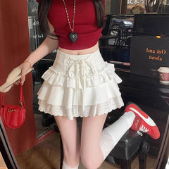 Sweet Lace Up Mini Skirt Women Y2K Summer Lace Patchwork A-Line Skirts High Waist Kawaii Lolita Preppy All Match Tutu Skirts voguable