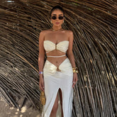 3Pcs Crochet Bikini With Long Skirt Sexy Swimsuit Women Swimwear Female Bandage Biquini White Swimming Suit Bodysuit Beachwear voguable