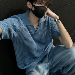Summer Men's Clothing Light Luxury Korean Popular Hollow Out Polo Shirt Leisure V Neck Short Sleeve Solid Color Retro Knitwear voguable