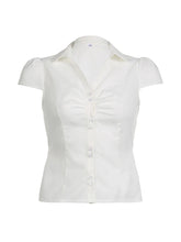 Solid Shirring Button Up Turn Down Collar Short Sleeve White Shirts Women Simple Casual Summer Clothes voguable