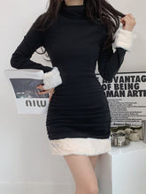 Black Warm Shaggy Turtleneck Ruched Dress mysite