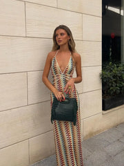 Sexy Contrast Striped Knit Halter Dress Women Fashion Loose Backless Maxi Dresses Summer Chic Female Beach Party Vestidos voguable