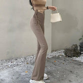 Voguable Korean Fashion Simple Sweet Summer New Slim Fit Bandage Flare Pants Women Solid Elastic High Waist Drawstring Straight Trousers voguable