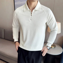 Men High Elastic Long Sleeve Polo Shirts 2024 Autumn Winter Knitted Pullover Turn Down Collar Slim Fit Solid Casual Tee Shirt voguable