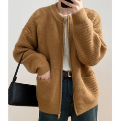 Sweater Cardigan Women Autumn Double Zipper Casual Korean Knitwear Coat Solid Color Loose Soft Long Sleeve Jackets Outerwear voguable