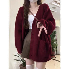 Wine Red Preppy Style Fashion Sweater Coat V-Neck Drop-shoulde Autumn Winter Loose Oversize Long Sleeve Cardigans Knitted Tops voguable