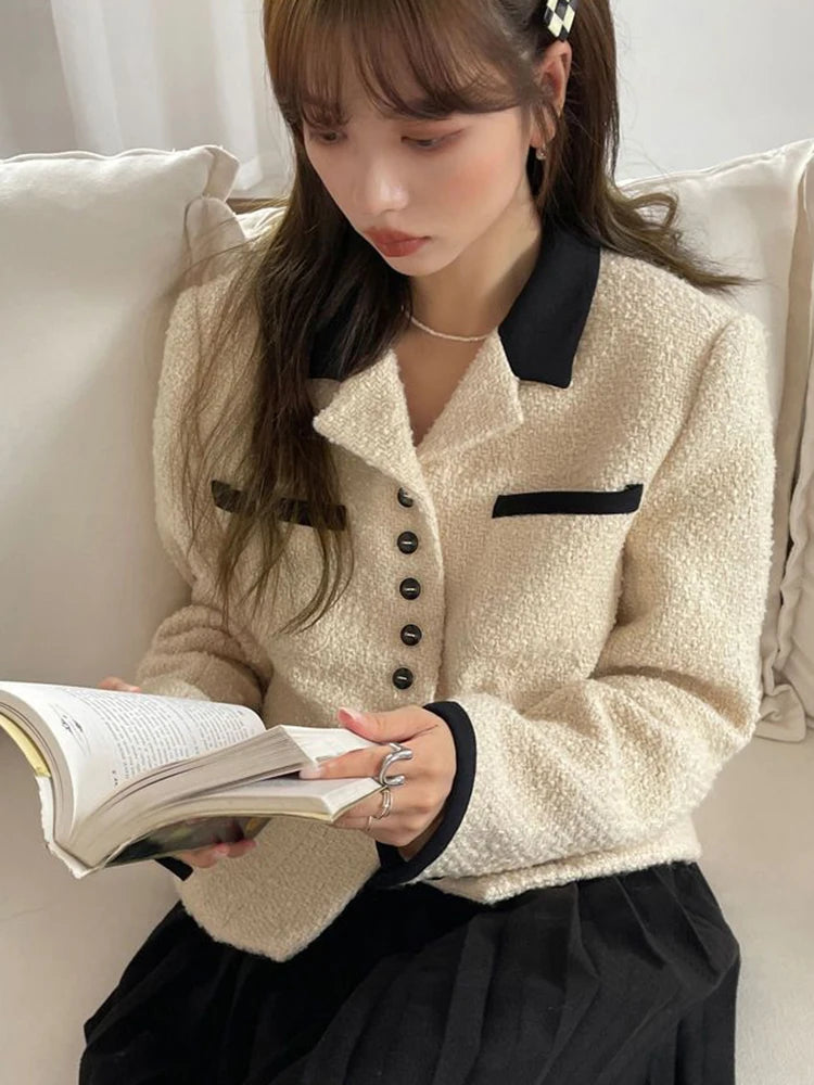 Voguable  Office Lady Chic Elegant Tweed Jacket French Sweet Long Sleeve Coat Women Fashion Turn Down Collar Fall Winter New Tops voguable