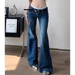 Voguable Sexy Slim Fit Low Rise Jeans Women Y2K Street Style Straight Leg Flare Pants Woman American Vintage Dark Blue Denim Long Jeans voguable