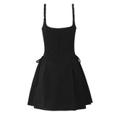 Sexy Elegant Women Lace Trim Black White Spaghetti Straps Dress Bow Low Waist A-line Mini Dresses Evening Party Robe