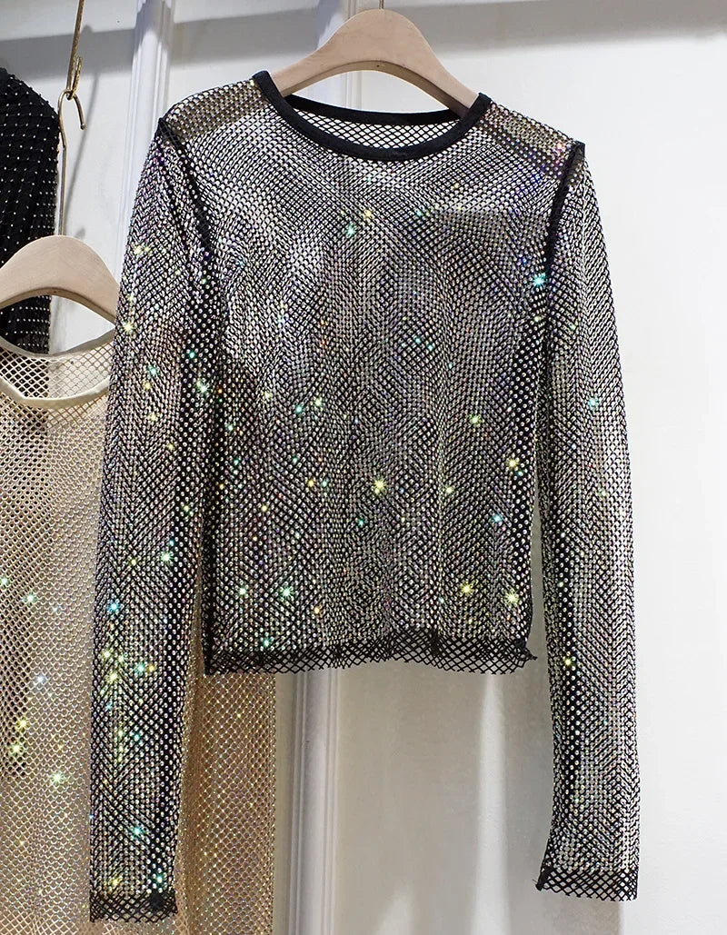 Voguable Summer New Ladies Temperament Rhinestone Round Neck Long Sleeve Bright Starlight Hollow Shiny Bottoming Shirt Women's Top Trend voguable
