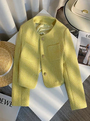 Yellow Sweet Tweed Jacket Women Elegant Retro Slim Long Sleeve Short Coat Korean O Neck Casual Fall Female Vintage Outwear voguable