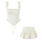 Sweet Girl Floral Print Layer Cake Mini Skirt Women Pleated Sexy Low Waist A-line Holiday Summer Skirts voguable