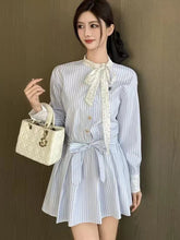 Korean Bow Striped Shirt Dress Women Casual Long Sleeve Elegant Sweet Mini Dress Vintage Patchwork Dot Female Design Dress voguable