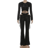 Voguable Sexy Y2K Drawstring Bandage Two Piece Set Women Outfits Spring Fashion Long Sleeve Cropped Top and High Waist Flare Pants voguable
