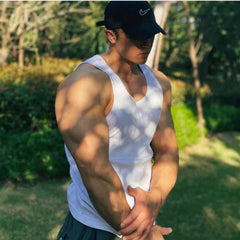 Men's Fitness Vest Cotton Breathable Vertical Striped Sleeveless Tops Solid Color Sports Casual Tank Gym Muscular Men Clothes voguable