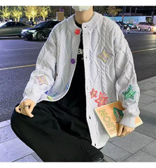 Vintage Knitting Sweater Purple Cardigan Jacket Long Sleeve Black Fashion Round Neck Coat Knitted Cardigan Sweater for man Winte voguable