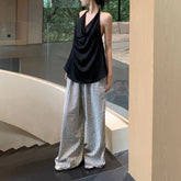 Voguable 2024 Summer New Streetwear Contrast Color Striped Loose Casual Wide Leg Pants Women + Backless Sexy Camisole Two-piece Suit voguable