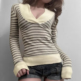 Voguable Slim Fit Striped T Shirt Women Spring Autumn Long Sleeve Vintage Harajuku Tees American Retro Hottie Streetwear V Neck Tops New voguable