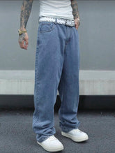 Voguable Men's Vintage Loose-Fit Washed Blue Jeans, Wide Leg Straight Leg Denim Pants, Casual Retro Style, Light Blue, All-Season Comfort voguable