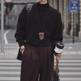New Korean Fashion Men Sweater Light Luxury Trendy Turtleneck Knit Solid Color Pullover Leisure Retro Long Sleeve Basic Knitwear voguable