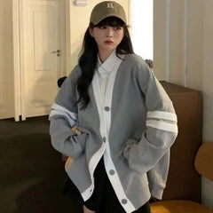 Varsity Cardigan Sweater for Women Long Sleeve V-Neck Button-up Knit Slouchy Cardi Korean School-girl Preppy Fall Winter Outfit voguable