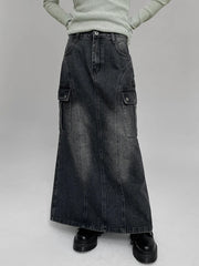 Voguable Vintage Pocket Split Washed Denim Maxi Skirt High Waist Women Y2K Streetwear Long Skirts Harajuku Korean Fairy Grunge voguable