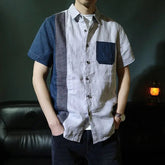 Voguable Loose Summer Thin Spliced contrasting Color Short-sleeved Linen Shirt Retro Casual Cardigan voguable