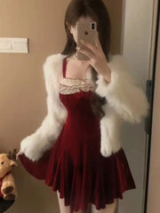 French Elegant Red Party Velvet Mini Dress Women Fashion Patchwork Princess Vestidos Female Spring Autumn Graduation Clothes voguable