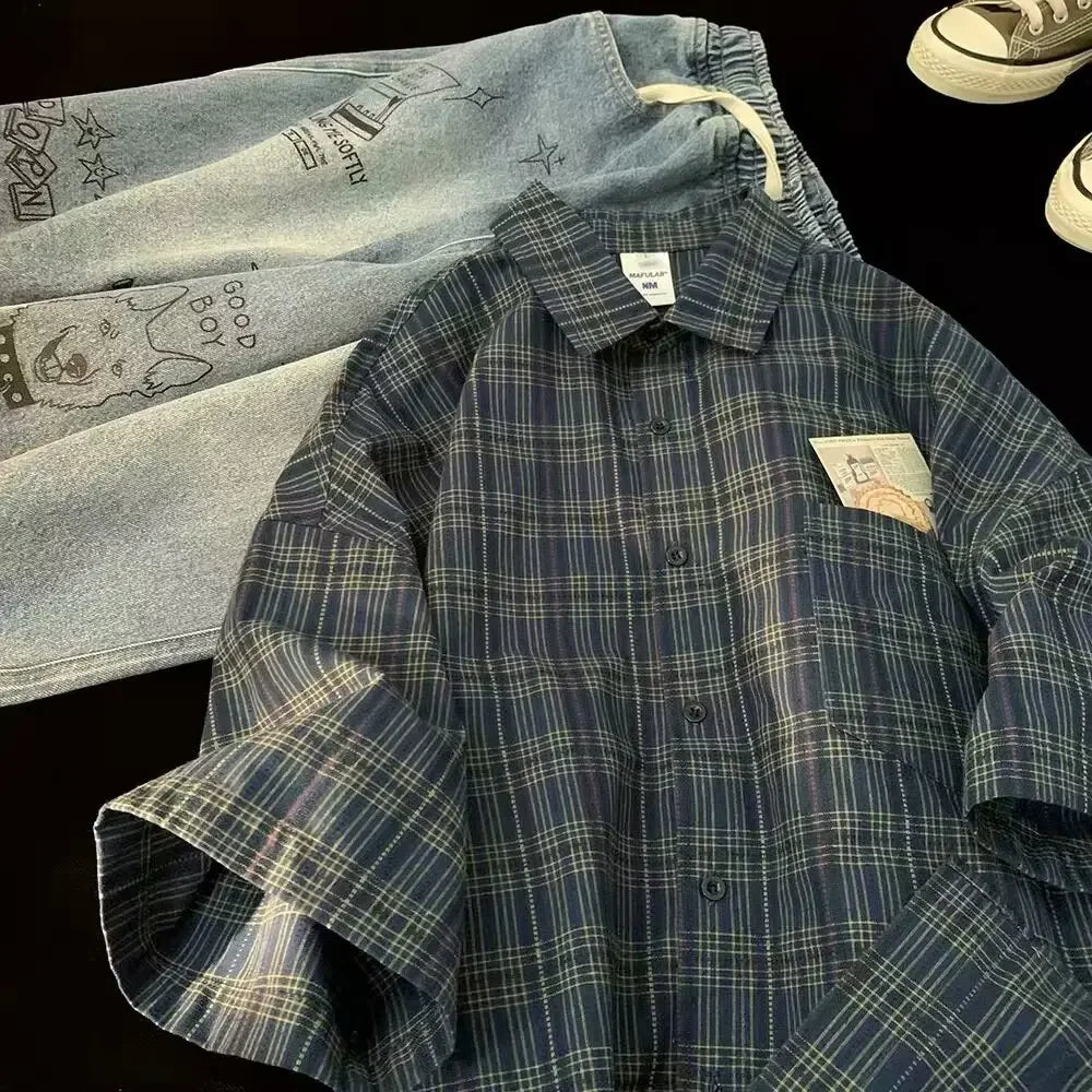 Japanese Vintage Plaid Short Sleeve Shirt Men's Streetwear Loose Fit Casual Stylish Versatile Half Sleeve Underwear voguable