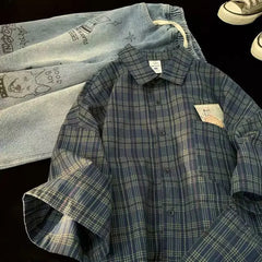 Japanese Vintage Plaid Short Sleeve Shirt Men's Streetwear Loose Fit Casual Stylish Versatile Half Sleeve Underwear voguable