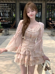 Women Print Lace Two Pieces Sets French Elegant Spliced Ruffles Slim Waist Lace-up O-Neck Top + Cake A-Line Skirt Summer Fashion voguable