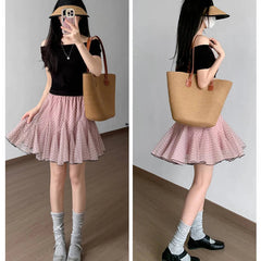 Voguable Dot Mesh Cake Skirt Women Summer High Elastic Waist A-line Short Skirts for Woman Sweet Ballet Style Ruffles Puffy Skirt voguable