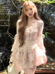 Women Print Lace Two Pieces Sets French Elegant Spliced Ruffles Slim Waist Lace-up O-Neck Top + Cake A-Line Skirt Summer Fashion voguable