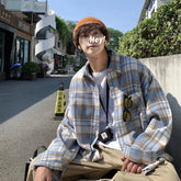 Autumn Thick Woolen Shirt Men Fashion Retro Casual Oversized Plaid Shirts Mens Korean Blue/Green Loose Long-sleeved Shirt Men voguable