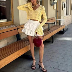 2025 New Knit Flare Sleeve V-neck Hollow Out Short Coat Fashion Casual Button Transparent Summer Cardigan Top Cover-up Jacket voguable