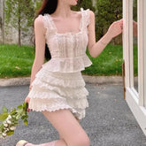 Voguable Sweet Women's Summer New Fashion Patchwork Ruffles Lace Hollow Out Sleeveless Slim Suspenders Tops Cake Half Skirt Two Piece Set voguable