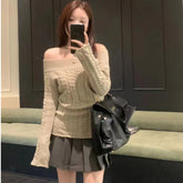 Slash Neck Pullovers Women Knitted Solid Jacquard Korean Fashion All-match Design Unique Sweet Spicy Girls Streetwear Temper voguable