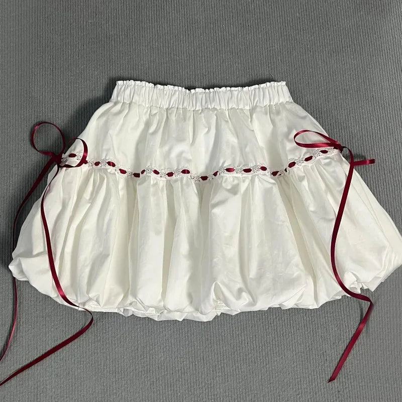 White Lace Up Mini Skirt Women Summer High Waist All Match Bud Skirts Y2K Korean Sweet Preppy Patchwork A Line Skirts New voguable