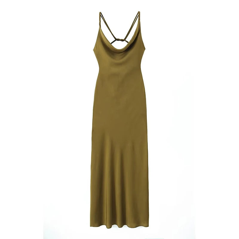 Voguable New Women Olive Green Satin Slip Dress Crossed Double Thin Strap Back Neckline Female Party Sexy Dresses voguable