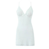 Sexy Women Flocking Polka Dot Mesh Dress Summer Lady Thin Straps V Neck A-line Sling Mini Dress White Robe voguable