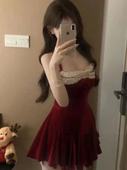 French Elegant Red Party Velvet Mini Dress Women Fashion Patchwork Princess Vestidos Female Spring Autumn Graduation Clothes voguable