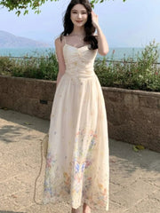 Summer French Print Embroidery Women's Dresses 2025 Prairie Chic Elegant V-Neck Pleated Lace-up Long Dress New Fashion Casual voguable