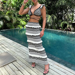 Vacation 2 Piece Set Women Striped Geometric Sleeveless Knitted Tank Top Bra and Layered Ruffles Long Skirt Beachwear voguable