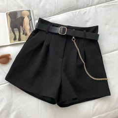 Korean with Belt Women Suit Shorts Y2K Summer High Waist Solid Color A Line Shorts Loose Streetwear All Match Wide Leg Pants voguable