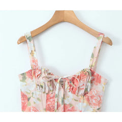 Elegant Women Sexy Front Slit Floral Print Sling Midi Dress Lace Up Bandage Back Female Summer Dresses Holiday Robe voguable