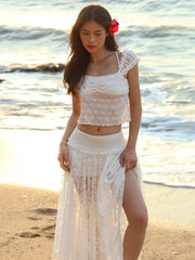 Patchwork 2-Piece Set Jacquard Women Lace Bandage Mini t-Shirt+High Slits Skinny Skirt Elasticated Waist Matching Suits voguable